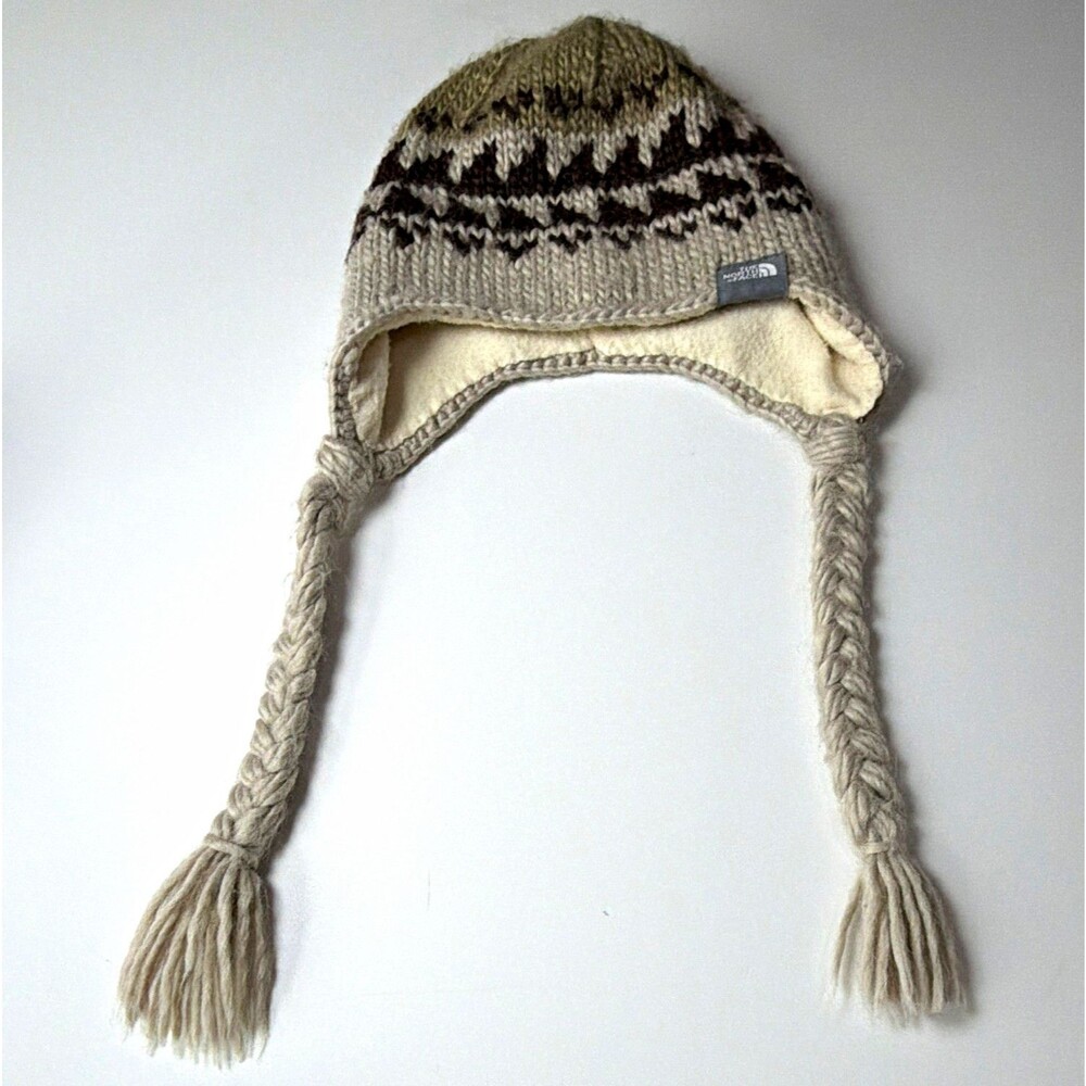 The North Face Fair Isle Knit Aviator Ear Flap Hat Lined One Size Gray/Black